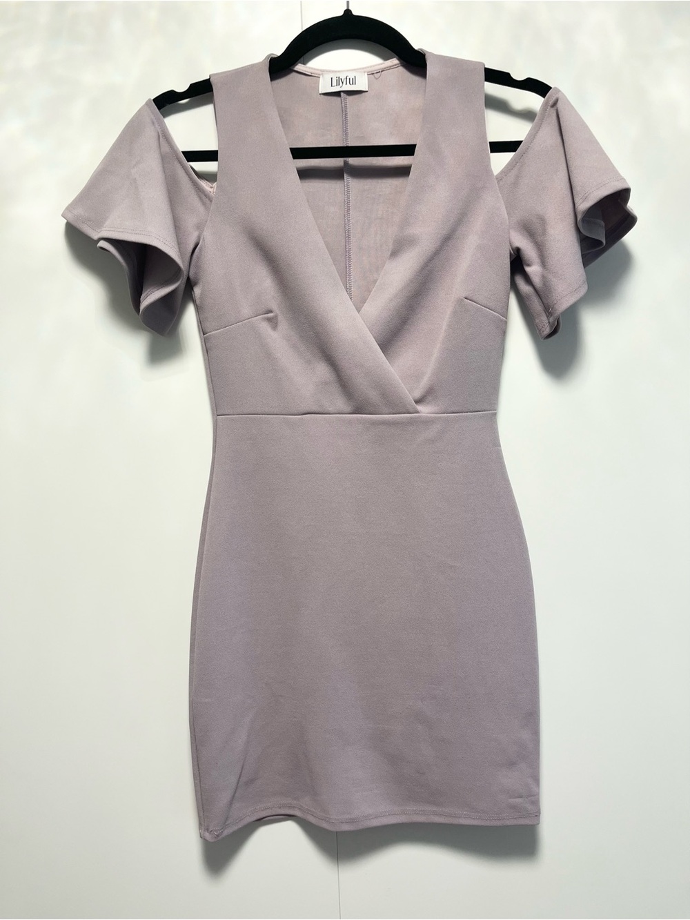 Lilac mini dress with off shoulder flutter sleeve, size small